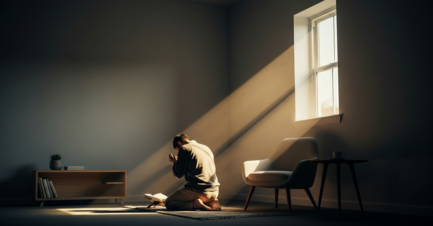 Pessoa em um quarto silencioso, iluminado pela luz da janela, em postura de escuta para orar e ter intimidade com Deus.