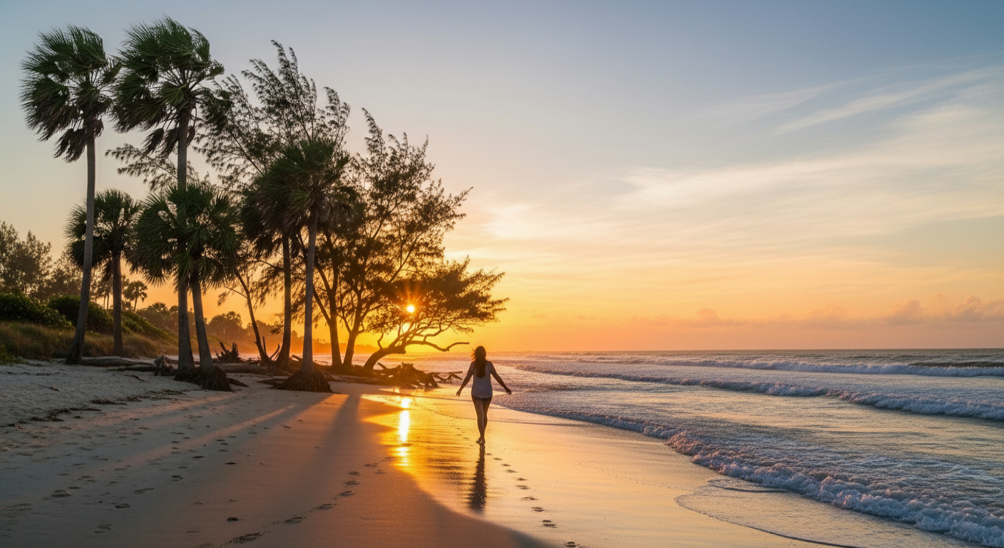 Vento suave movendo árvores sob luz dourada, simbolizando a ação do Espírito Santo na vida diária e a renovação espiritual por meio de Cristo.