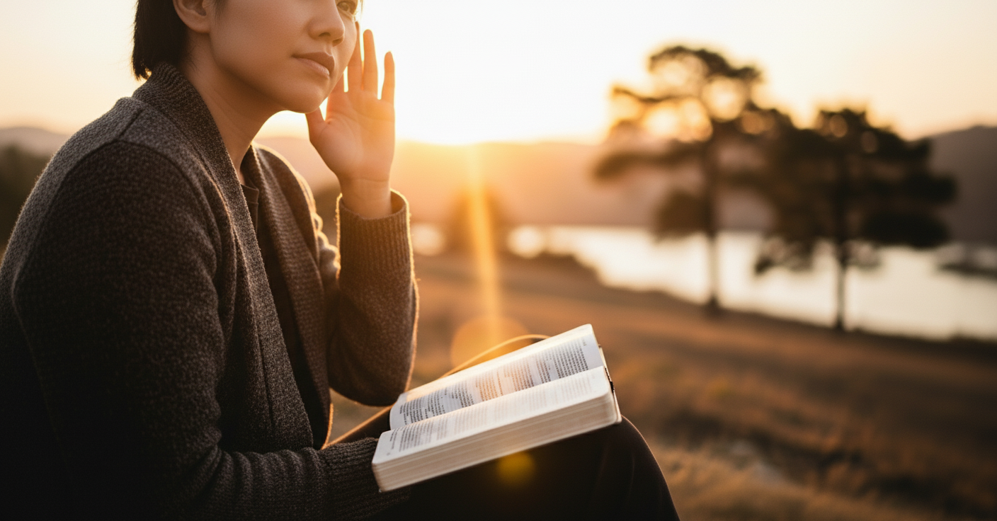 Pessoa em atitude de oração sentada à beira de um lago calmo ao amanhecer, simbolizando a prática de silenciar para discernir a voz de Deus.