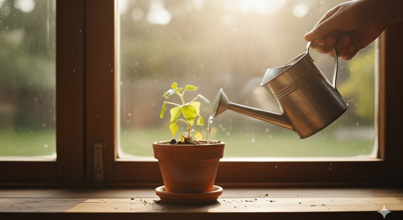 Mão regando uma pequena planta murcha que recebe a luz do sol, simbolizando os passos práticos para renovar a fé em Deus.