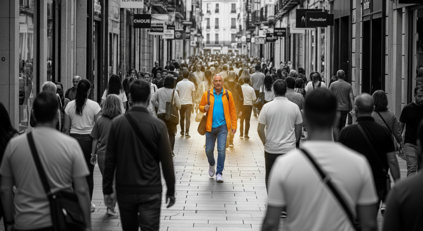 Homem caminhando com fé contra a multidão, simbolizando louvores e hinos renovados que mantêm a chama acesa.