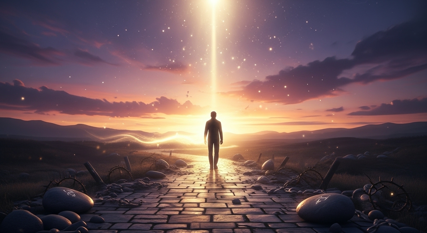 Pessoa caminhando em trilha iluminada, acompanhada por uma presença de luz suave, simbolizando a intimidade e a presença constante de Deus na jornada diária.