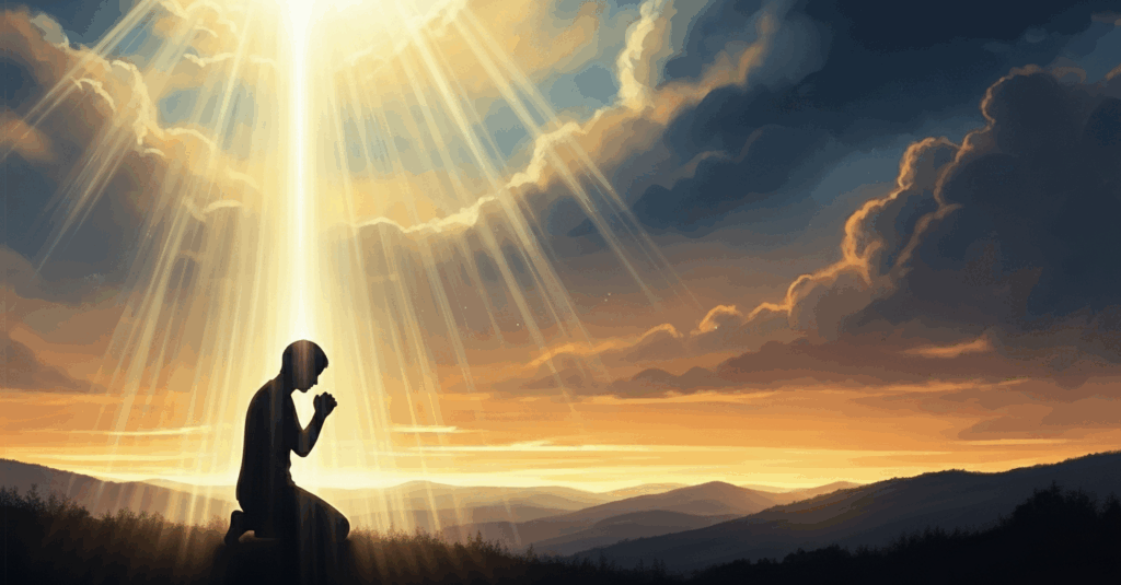 Pessoa ajoelhada em oração ao nascer do sol, em momento de intimidade com Deus, inspirada por louvores e hinos renovados que aquecem o coração.