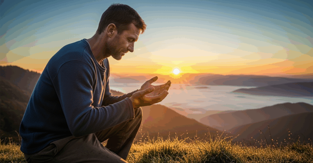 Homem orando ao nascer do sol, buscando renovação espiritual e inspiração para louvores e hinos renovados.