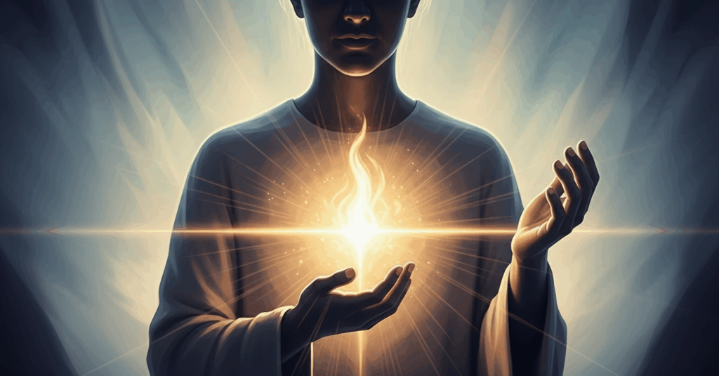 Pessoa em oração com chama brilhante no peito, representando a presença do Espírito Santo e o poder dos louvores e hinos renovados para manter a fé viva.