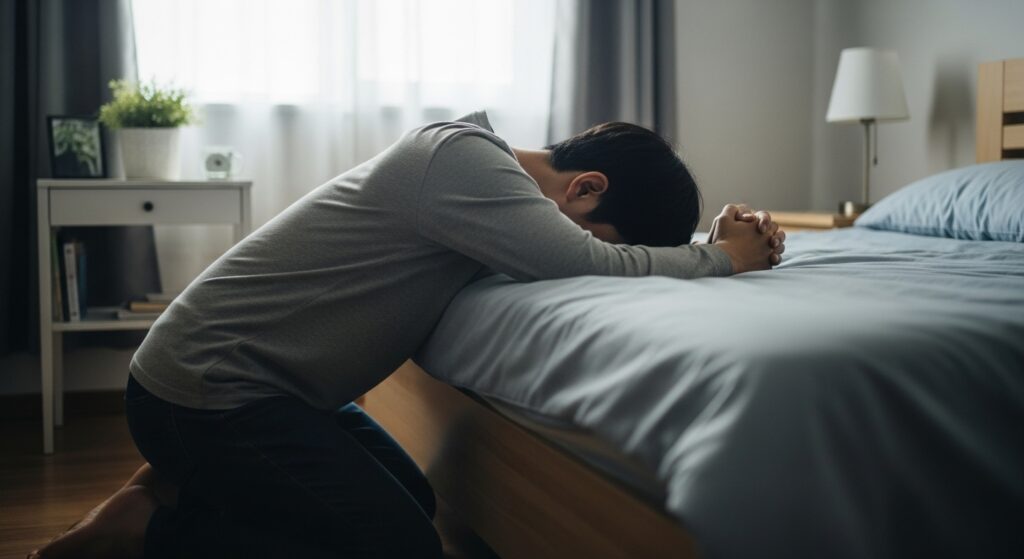Pessoa ajoelhada ao lado da cama em postura de escuta, simbolizando a oração como primeiro passo para renovar a fé.