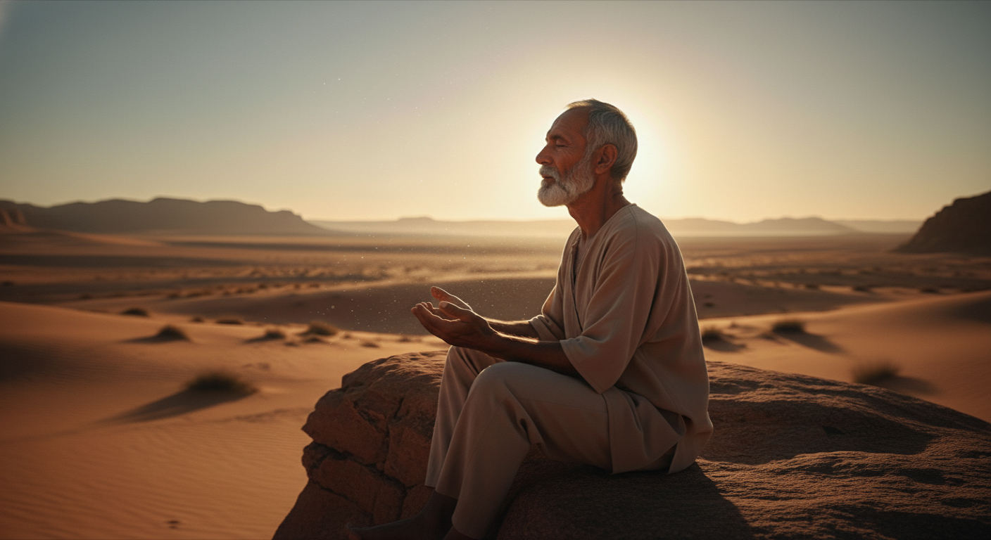 Pessoa em oração no deserto ao amanhecer, tema do devocional sobre como a confiança de Abraão nos ajuda a ouvir a voz de Deus.