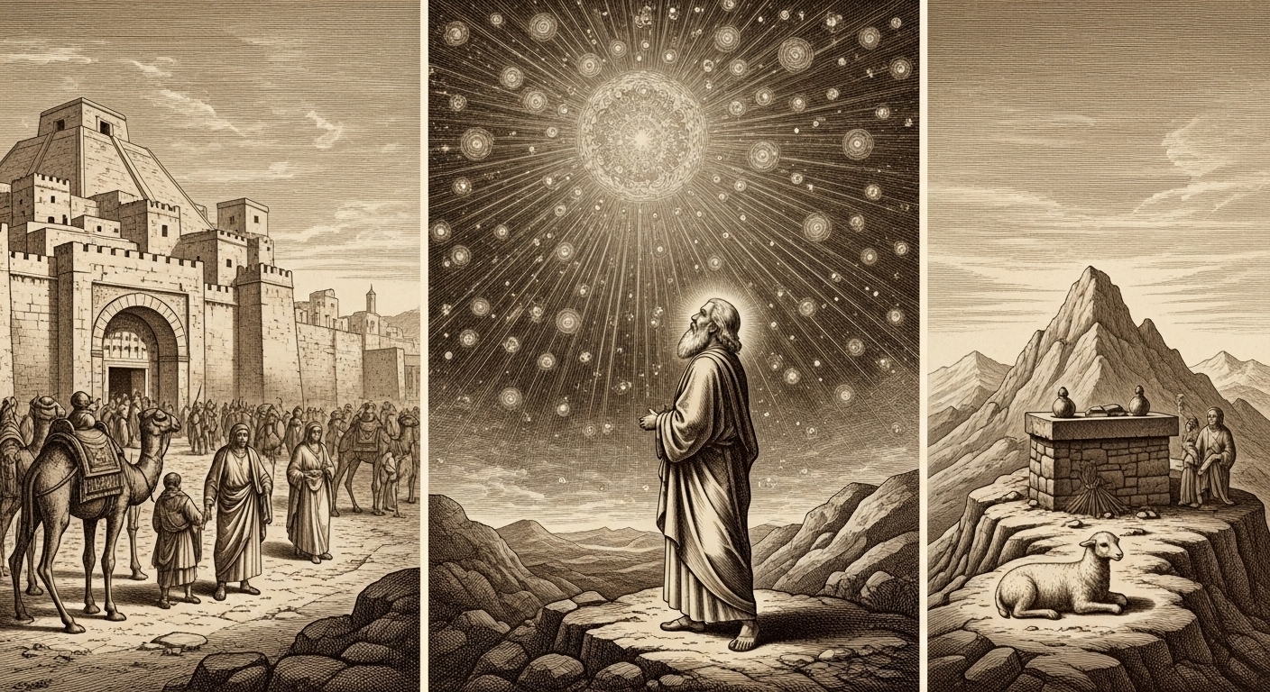 Tríptico mostrando as 3 fases da chamada de Abraão: a saída de Ur, a promessa das estrelas e o sacrifício no Monte Moriá.