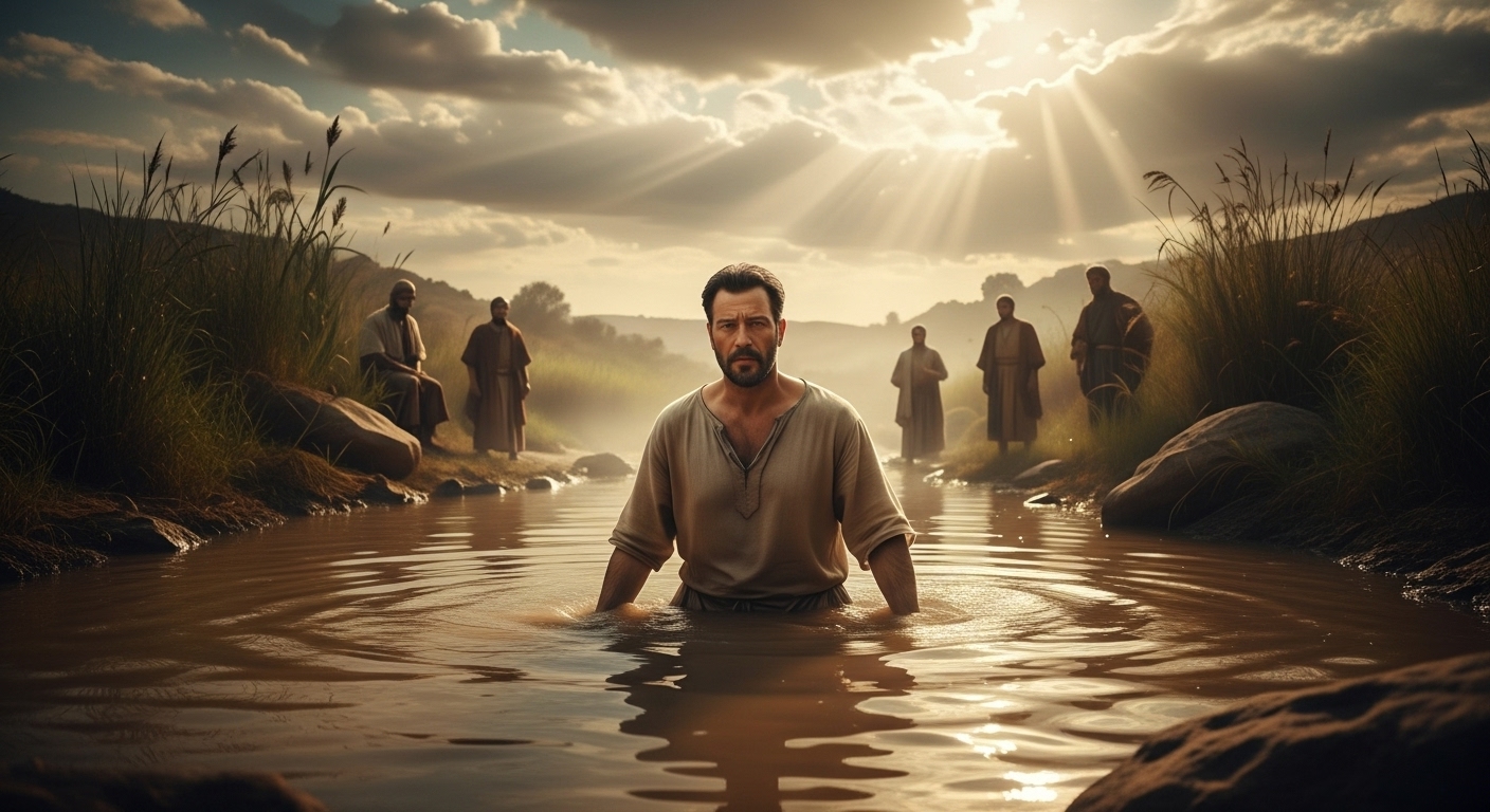 Homem mergulhando no Rio Jordão, representando Naamã em um ato de fé e obediência, inspirado por Deus e também, por nossos louvores e hinos renovados que celebram a cura espiritual.