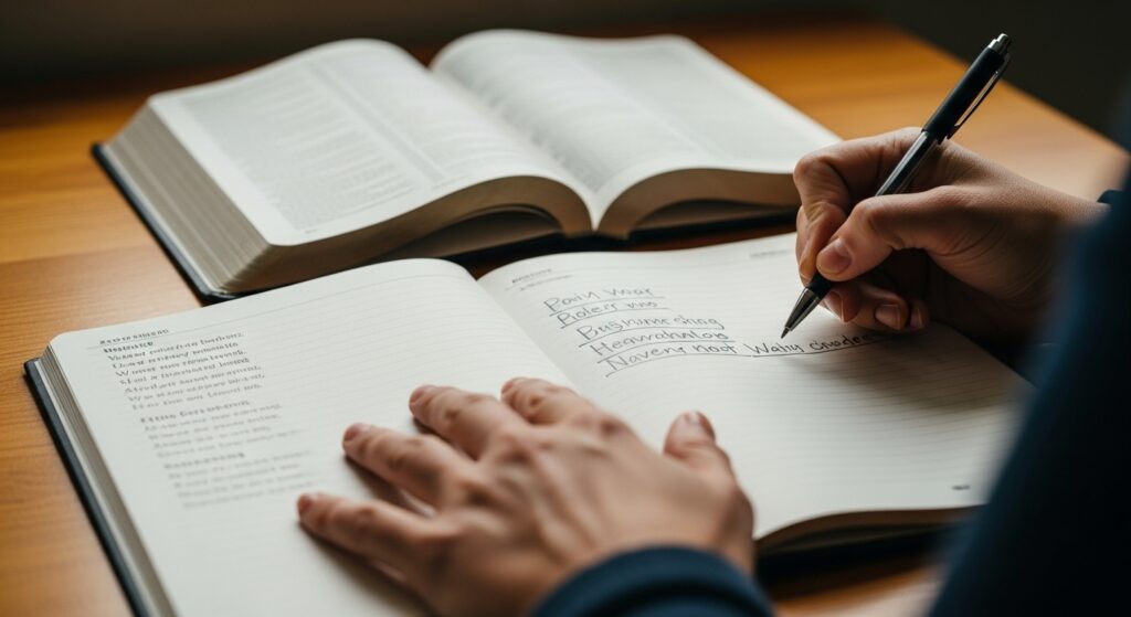 Mão escrevendo anotações sobre a letra de uma canção, com uma Bíblia aberta ao lado, simbolizando a análise e o significado profundo do louvor.