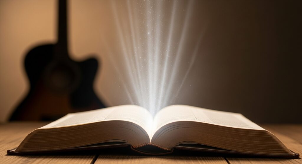 Bíblia aberta emanando uma luz suave que ilumina um violão ao fundo, simbolizando a Palavra de Deus como a inspiração bíblica para a música.