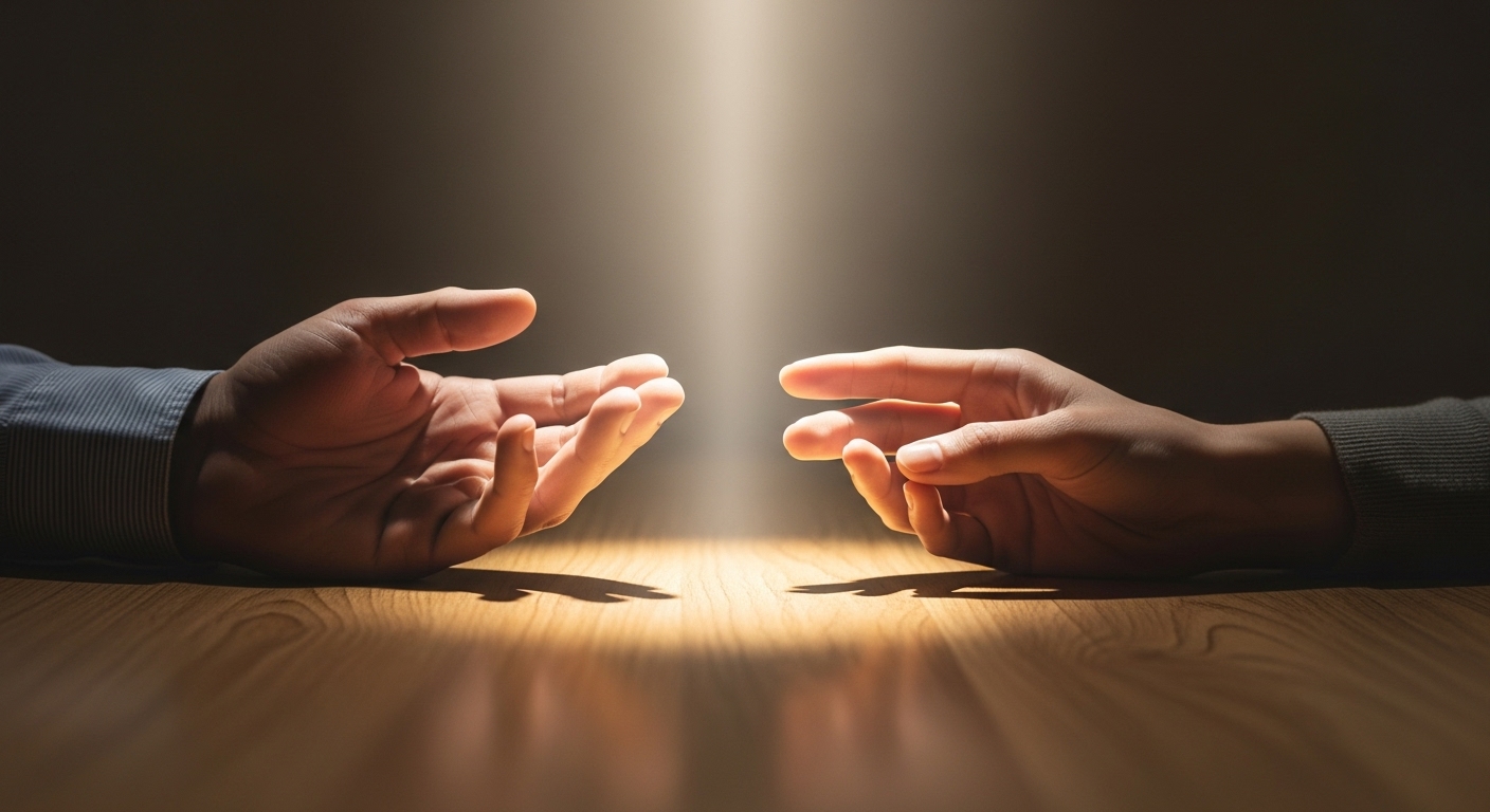 Duas mãos em uma mesa, quase se tocando, com uma luz suave entre elas, simbolizando uma oração para casamento em crise e a paz de Deus que restaura a união.