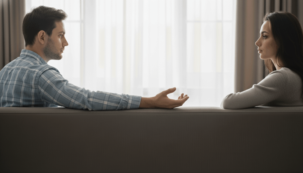 Casal em um sofá, virando-se um para o outro com uma mão estendida, simbolizando a reflexão profunda sobre sair do silêncio para a comunhão no casamento.