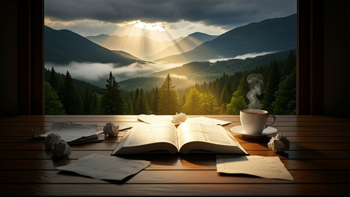 Bíblia aberta sobre mesa rústica em frente a uma janela com vista para montanhas e raios de sol após a chuva.