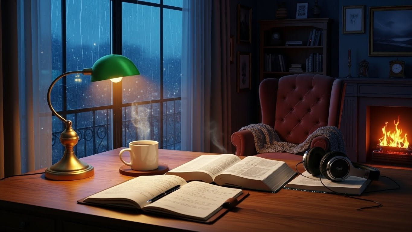 Mesa de estudos bíblicos com fones de ouvido e café, ambiente lo-fi para devocional Porque Ele Vive