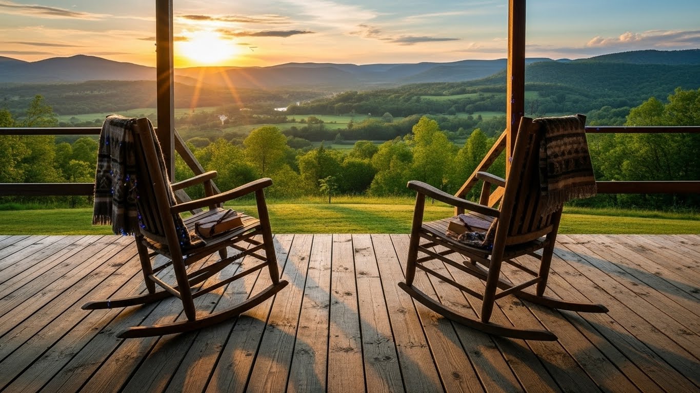 Varanda de madeira tranquila com vista para o nascer do sol no vale, com uma Bíblia sobre a cadeira de balanço.