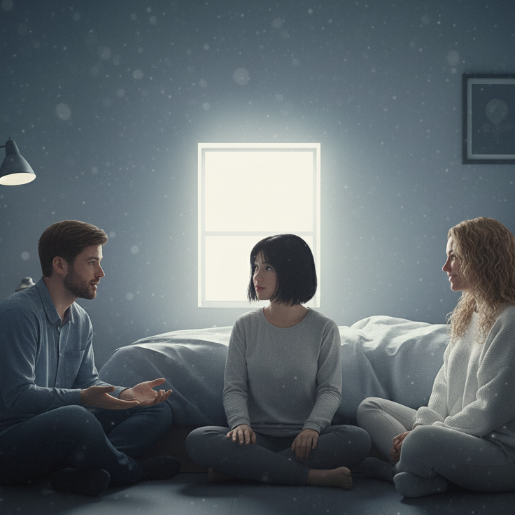 Grupo de amigos reunidos em oração e comunhão cristã, ouvindo louvores e hinos renovados que mantêm viva a chama da fé.