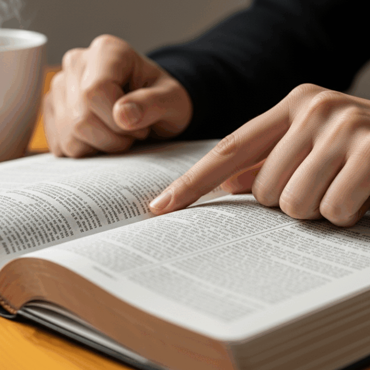 Close-up de mãos 🤎 traçando um versículo em uma Bíblia aberta, representando a meditação na Palavra para renovar a fé.