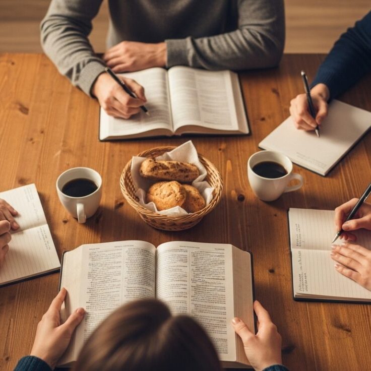 Mãos de várias pessoas reunidas em volta de uma Bíblia aberta, simbolizando a comunhão que aquece e renova a fé.