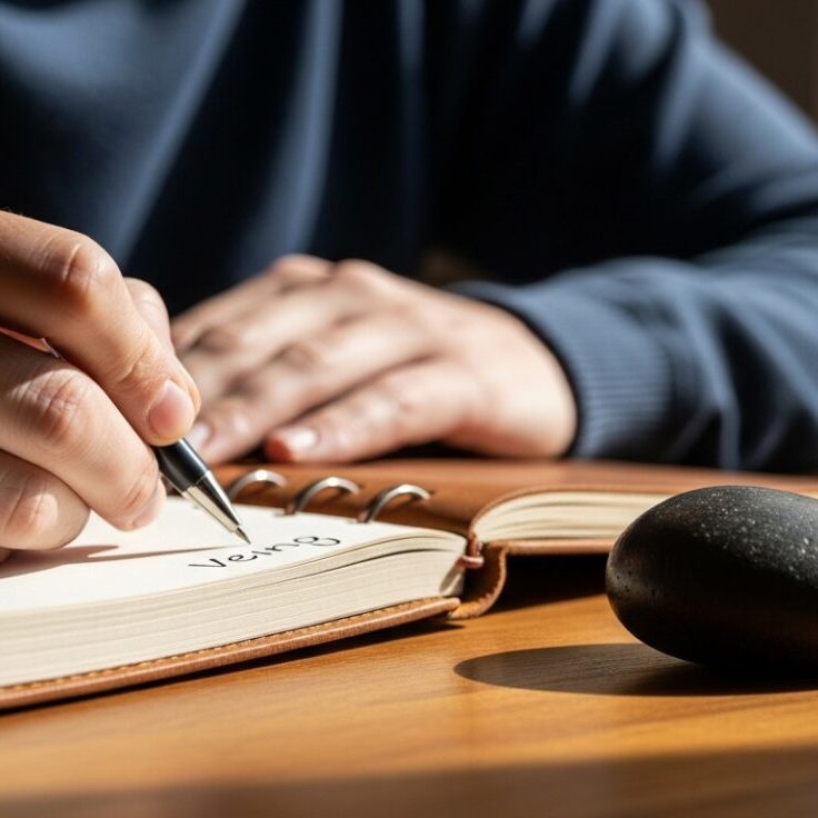 Mãos escrevendo em um diário de gratidão ao lado de uma pedra de lembrança, representando a importância de recordar a fidelidade de Deus para renovar a fé.