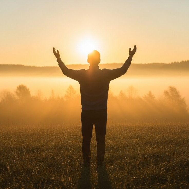 Pessoa com os braços levantados em adoração em um campo ao nascer do sol, simbolizando o louvor como arma para renovar a fé.